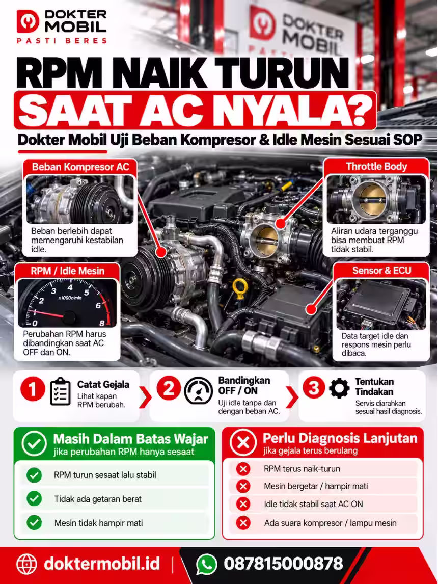 Infografis RPM naik turun saat AC nyala berisi beban kompresor, throttle body, fluktuasi RPM, pemeriksaan ECU, dan keputusan penanganan