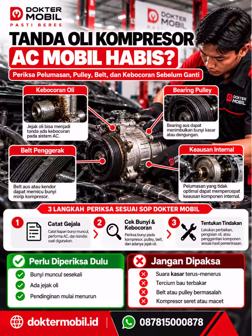 Infografis SOP Pemeriksaan Pelumasan Kompresor AC Dokter Mobil Infografis pemeriksaan kompresor AC mobil melalui bunyi saat AC aktif, kondisi pulley, belt, kebocoran, dan risiko keausan