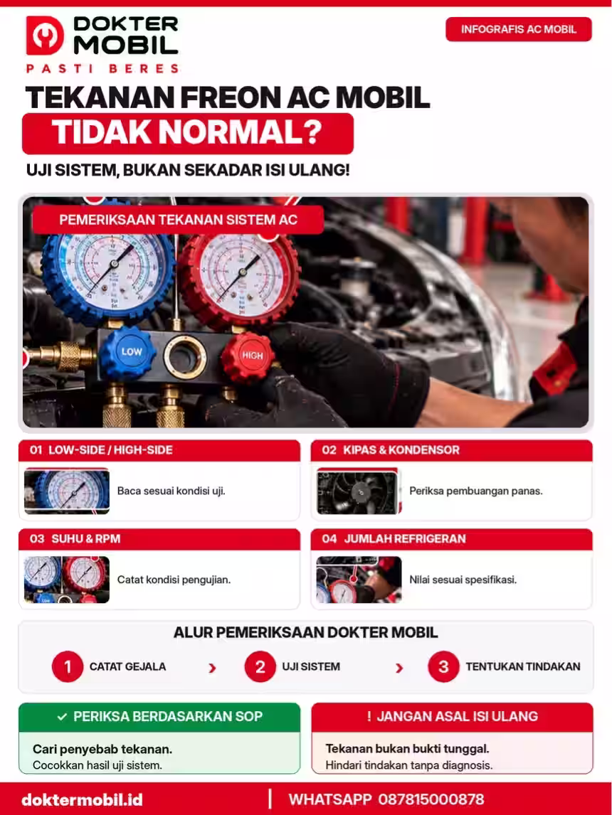 Infografis pemeriksaan tekanan freon ac mobil tidak normal melalui pembacaan low-side dan high-side serta pemeriksaan sistem terkait