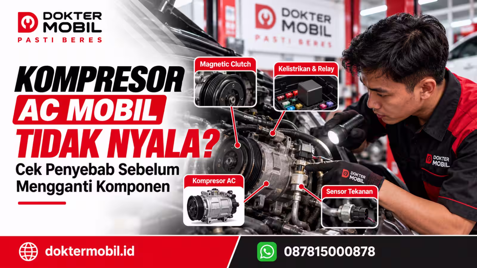 Teknisi Dokter Mobil memeriksa area kompresor AC dan sistem penggeraknya pada kendaraan di bengkel