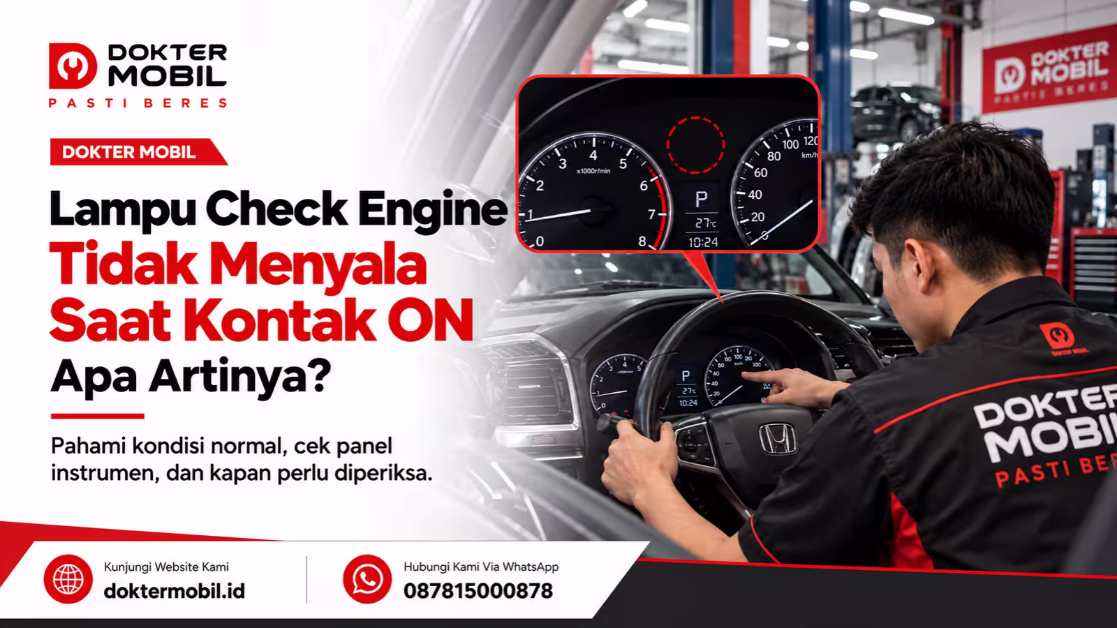Teknisi Dokter Mobil memeriksa panel instrumen mobil ketika lampu check engine tidak menyala saat kontak ON