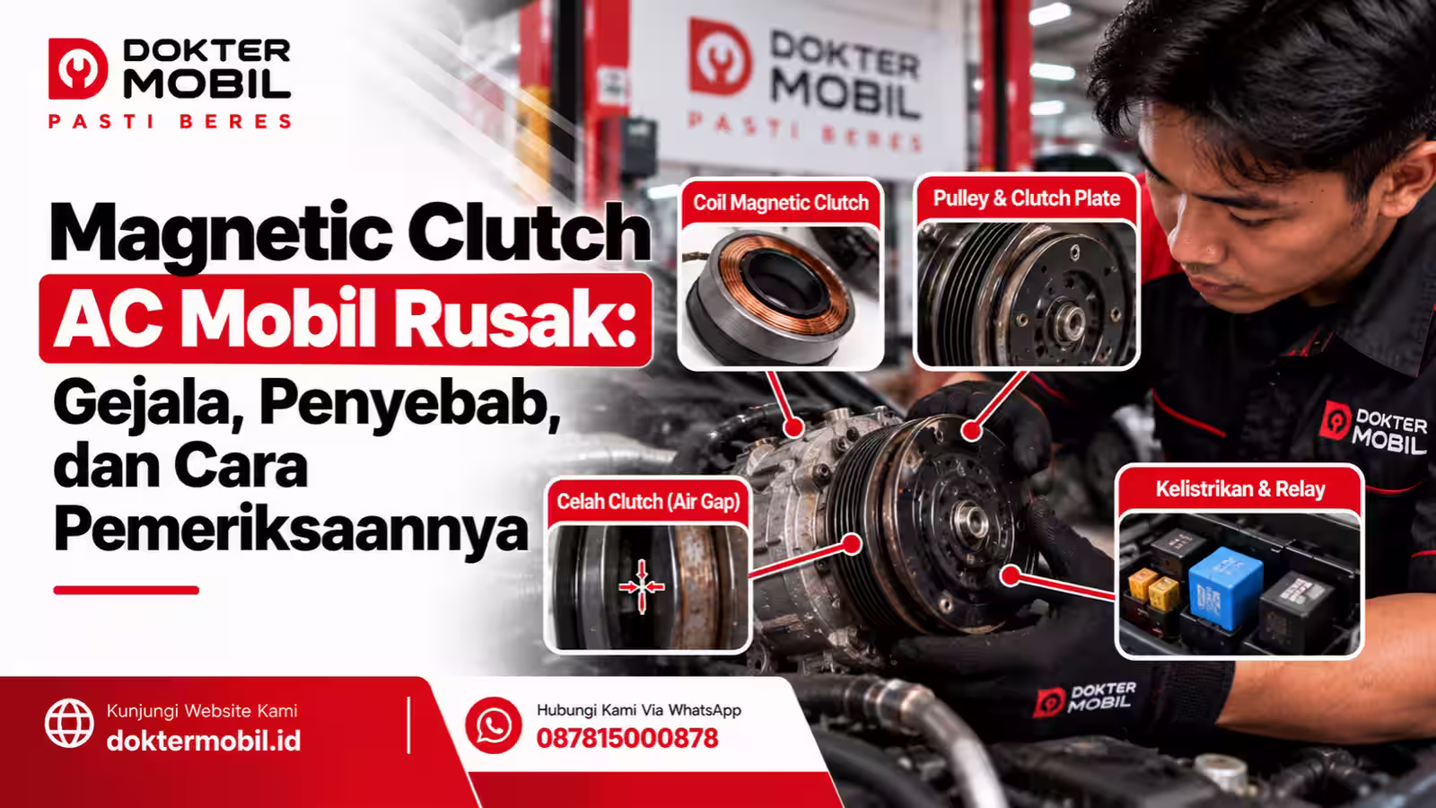 Teknisi Dokter Mobil memeriksa magnetic clutch dan pulley kompresor AC kendaraan di bengkel