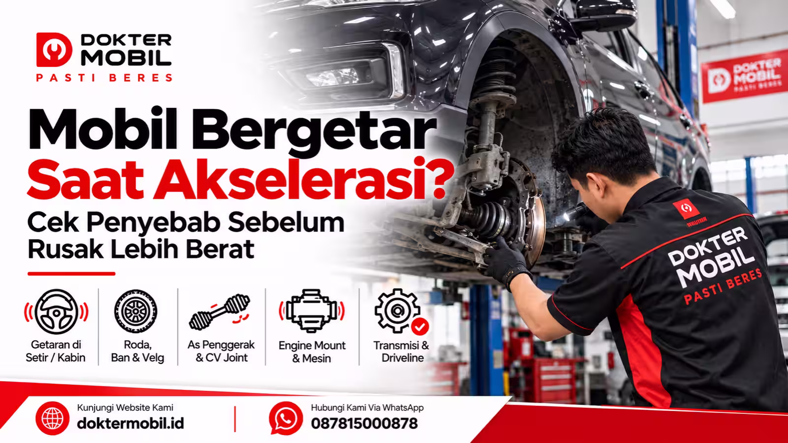 Teknisi Dokter Mobil memeriksa kendaraan yang mengalami getaran saat akselerasi di area bengkel