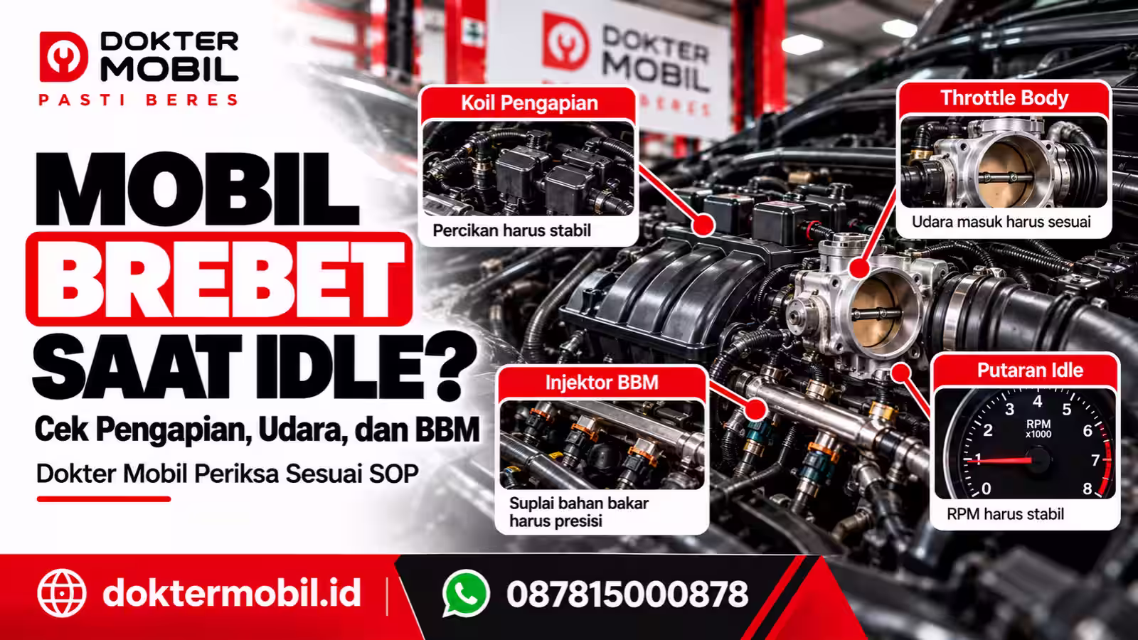 Ilustrasi pemeriksaan mobil brebet saat idle melalui koil pengapian, throttle body, injektor, dan putaran mesin
