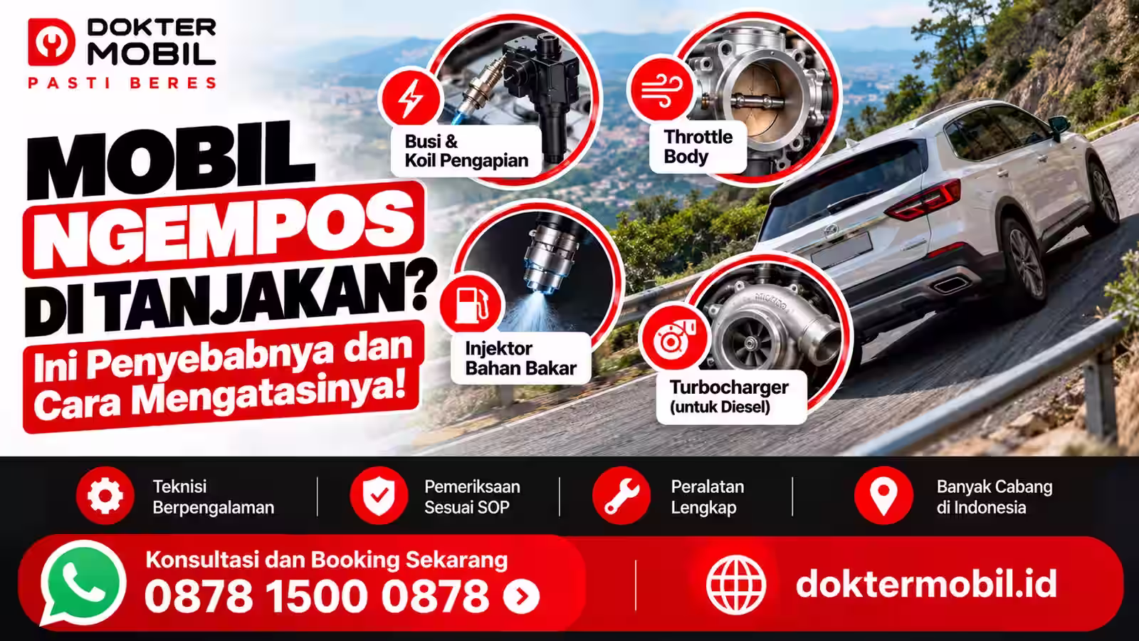 Ilustrasi pemeriksaan mobil ngempos di tanjakan melalui pengapian, suplai bahan bakar, udara masuk, dan respons beban mesin