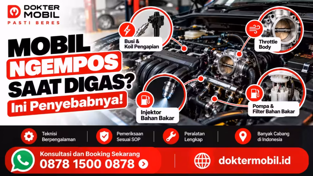 Ilustrasi pemeriksaan mobil ngempos saat digas dengan komponen pengapian, injektor, throttle body, dan sistem suplai bahan bakar