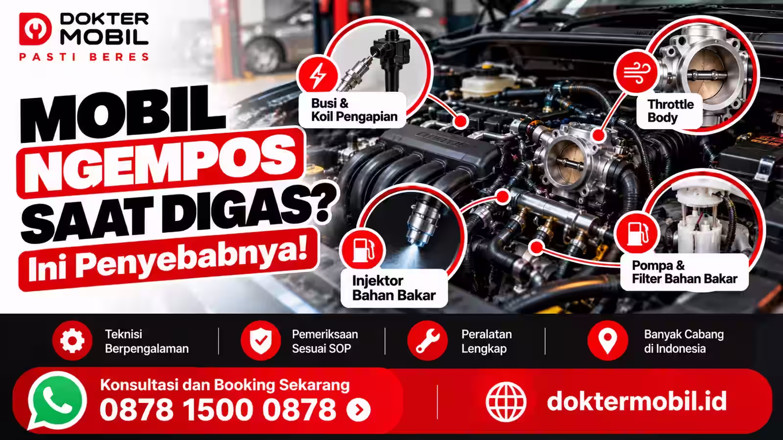 Ilustrasi pemeriksaan mobil ngempos saat digas dengan komponen pengapian, injektor, throttle body, dan sistem suplai bahan bakar