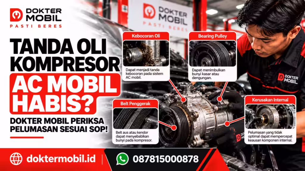Teknisi Dokter Mobil memeriksa kompresor AC mobil dan pulley untuk menelusuri dugaan gangguan pelumasan