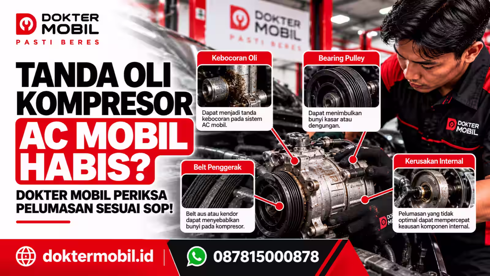 Teknisi Dokter Mobil memeriksa kompresor AC mobil dan pulley untuk menelusuri dugaan gangguan pelumasan