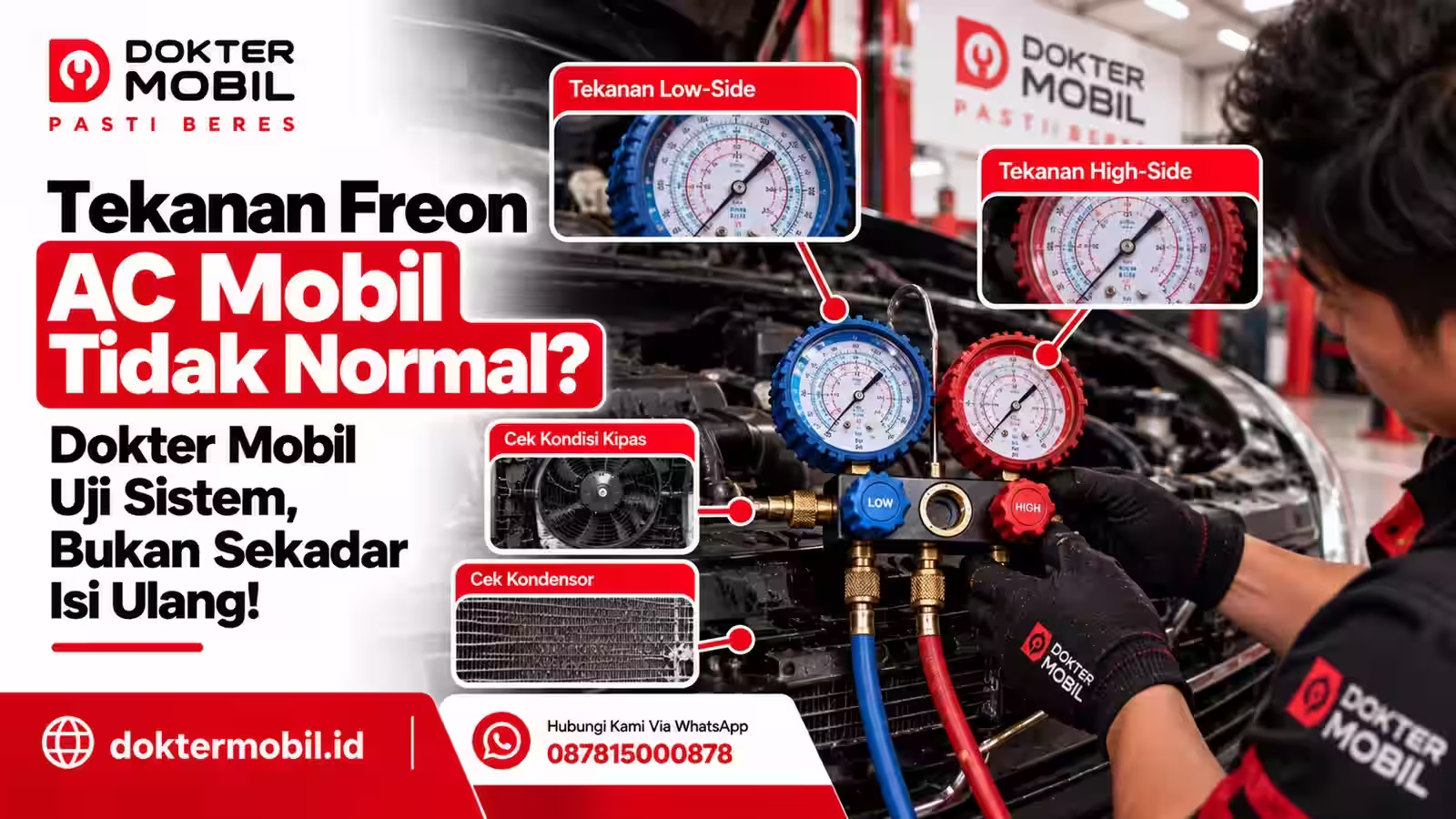 Teknisi Dokter Mobil melakukan pemeriksaan kendaraan terkait keluhan tekanan freon ac mobil tidak normal